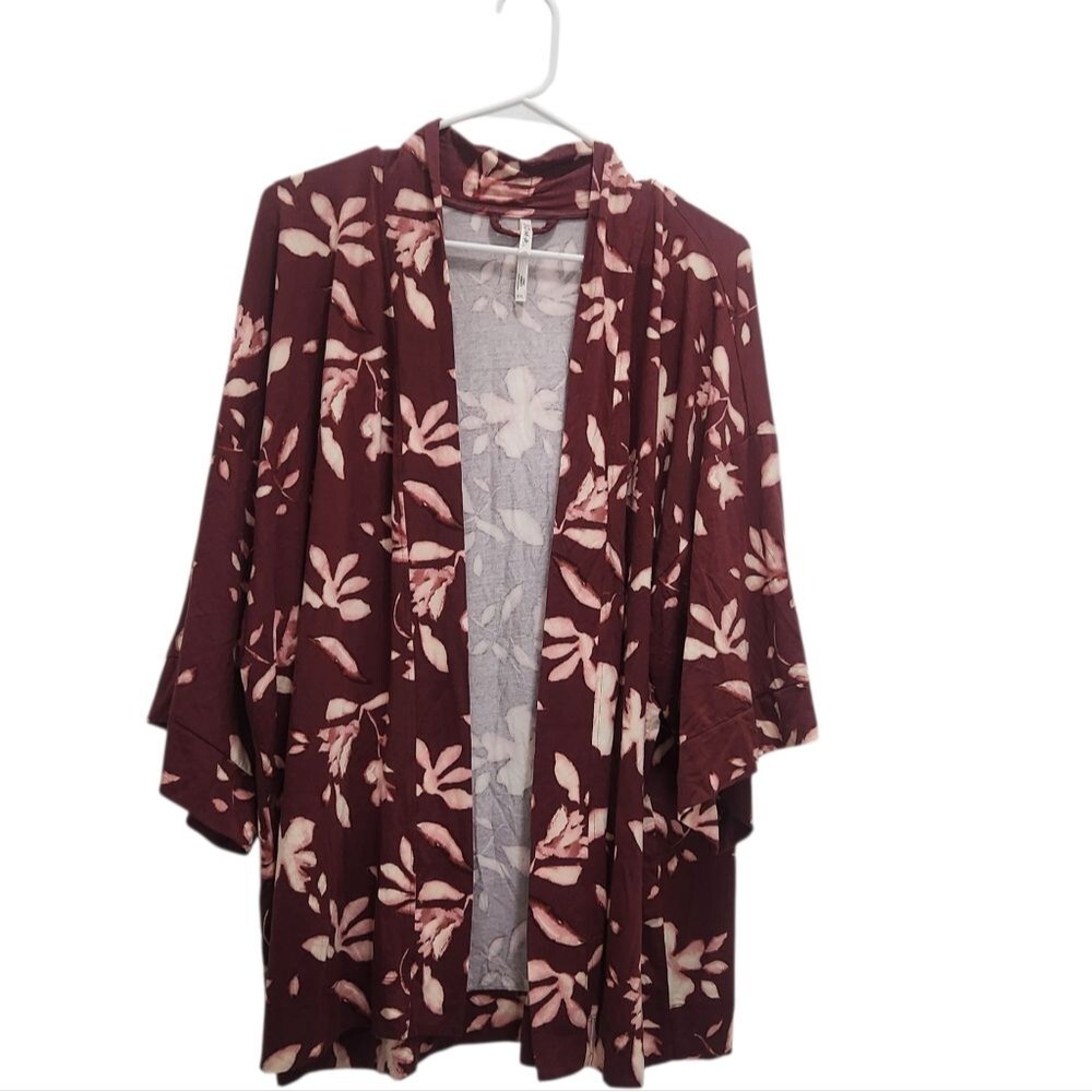 Soma Intimates XXL Burgundy Floral Kimono Robe Open Front Bell Sleeve Lounge